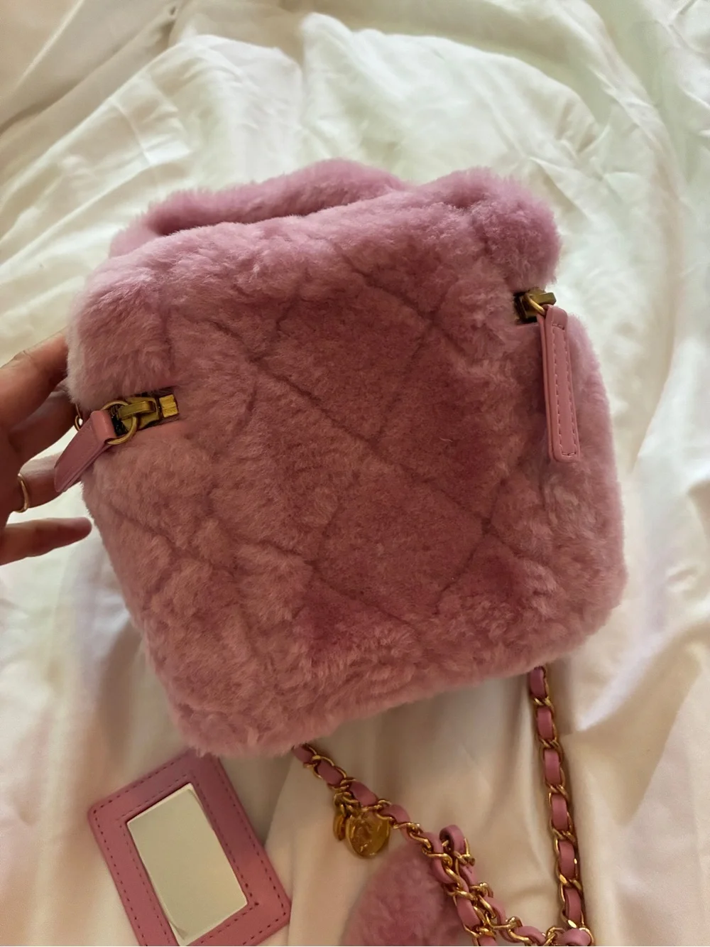 CHANEL Pink Shearling Fur Vanity Bag with Gold CC Hardware